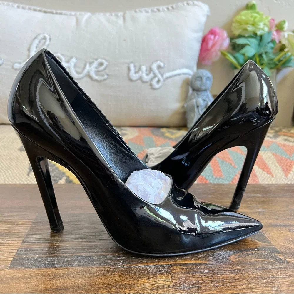 Balenciaga Slash Slanted Heel $675 Pointed Toe Patent Leather Pumps EU37.5